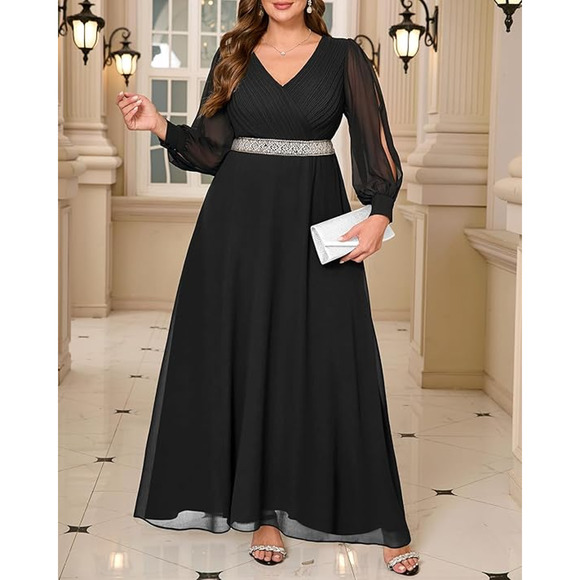 Women's Black Evening Gown Chiffon Beading Sheer Ethereal Luxe Dress Size 18 - Picture 2 of 8